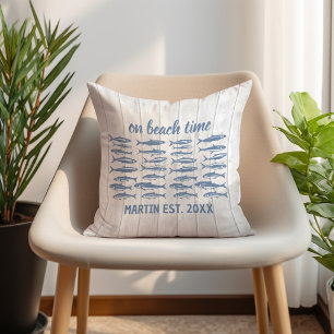 Blue Sardines Beach Time Family Name Cushion