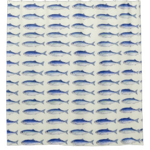 Blue Sardines Horizontal Minimal Coastal Pattern Shower Curtain