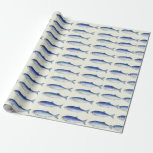 Blue Sardines Horizontal Minimal Coastal Pattern Wrapping Paper