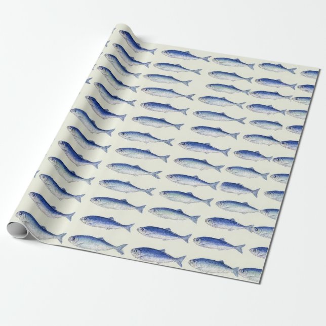 Blue Sardines Horizontal Minimal Coastal Pattern Wrapping Paper (Unrolled)