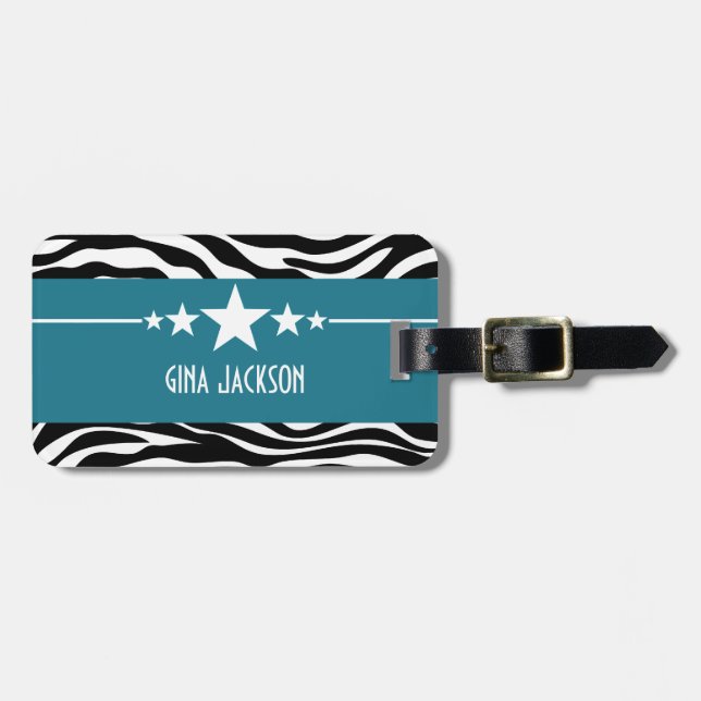 Blue Sassy Star Zebra Luggage Tag (Front Horizontal)