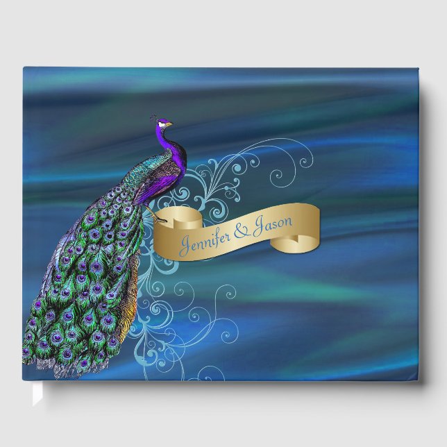 Blue Satin and Peacock Wedding Guest Book (Front)