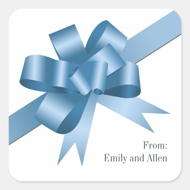 Blue satin gift bow ribbon Christmas holiday Square Sticker (Front)