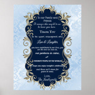 Blue Satin Gold Metallic Frame Wedding Greeting Poster