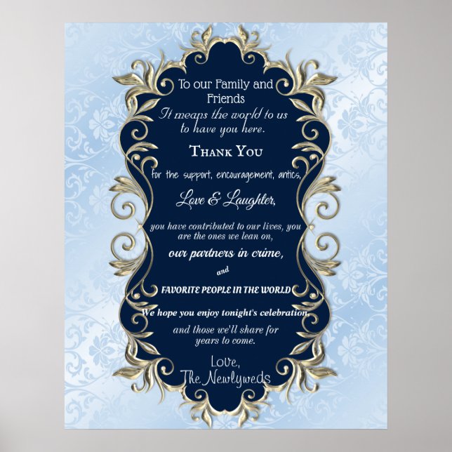  Blue Satin Gold Metallic Frame Wedding Greeting Poster (Front)