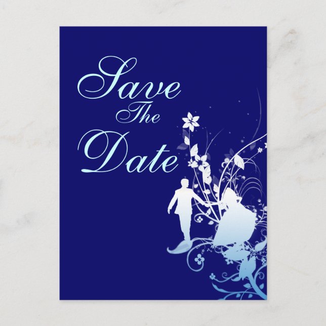 Blue save the date wedding announcement postcard (Front)