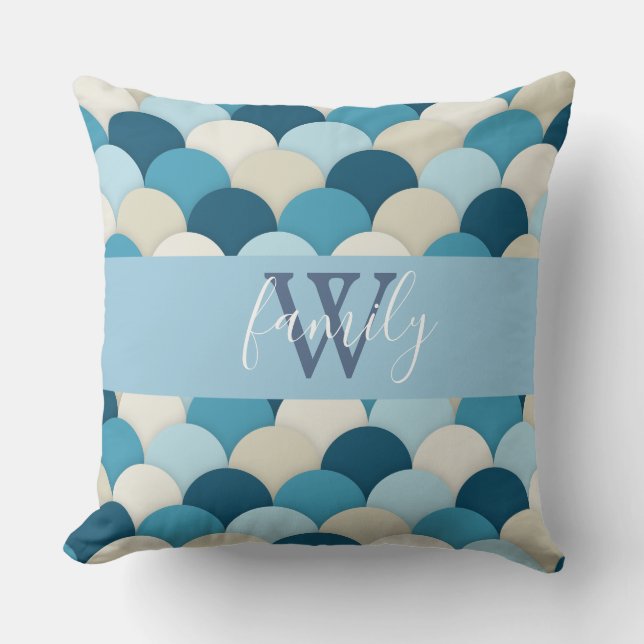 Blue scales monogram throw pillow (Front)