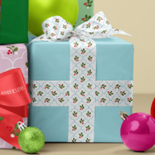 Blue Scallop Holly Branch and Berries Christmas Satin Ribbon