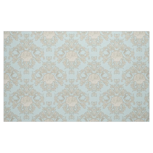 Blue Scallop Shell Leaf Scroll Damask Ocean Beach Fabric (Fat Quarter)
