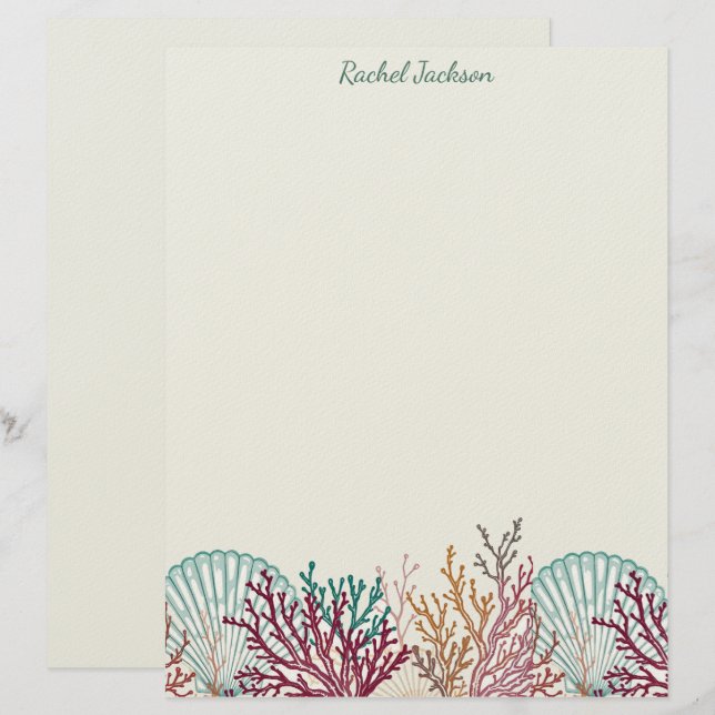 Blue Scallop Shells and Coral Custom Letterhead (Front/Back)
