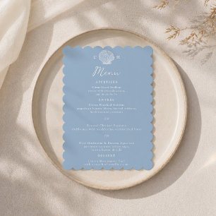 Blue Scalloped Coastal Seashell Wedding Menu Card