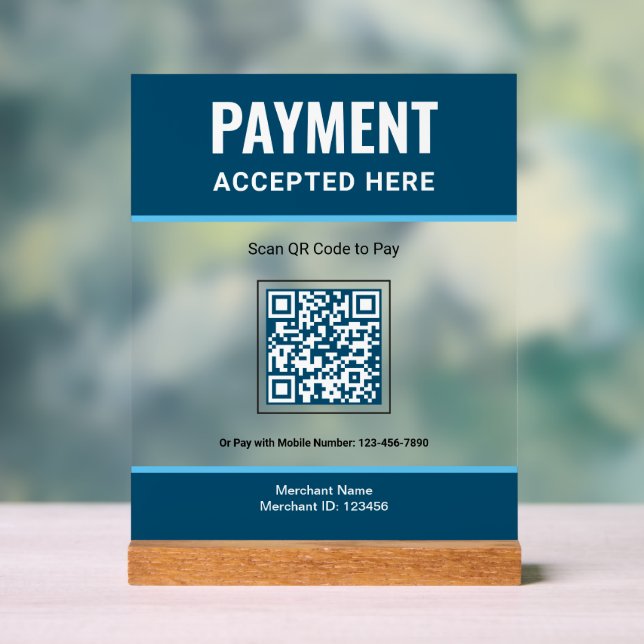Blue Scan to Pay QR Code Business Payment Acrylic Sign (Neutral)