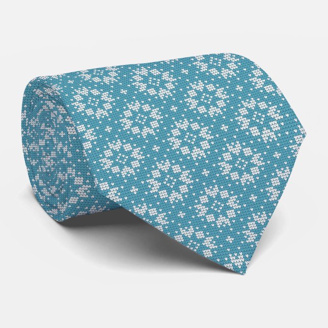Blue Scandinavian Christmas Snowflake Pattern Tie (Rolled)