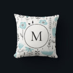 Blue Scandinavian Floral Pattern Monogram Cushion<br><div class="desc">Whimsical and Scandinavian-inspired pillow. It features a blue and black floral pattern. Personalise by adding your monogram. This floral pillow is perfect as a personalised gift. Matching items are available.</div>