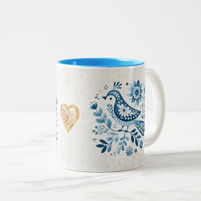 Blue Scandinavian Folk Bird Two-Tone Coffee Mug (Front Right)