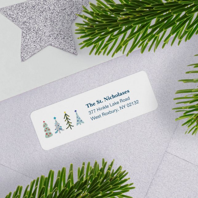 Blue Scandinavian Holiday Forest (Elegant Scandinavian Christmas tree return address label with your mailing information)