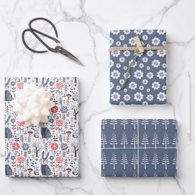Blue Scandinavian Nordic Wrapping Paper Sheet (Front)