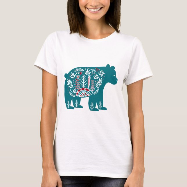 Blue Scandinavian Vintage Floral Bear  T-Shirt (Front)