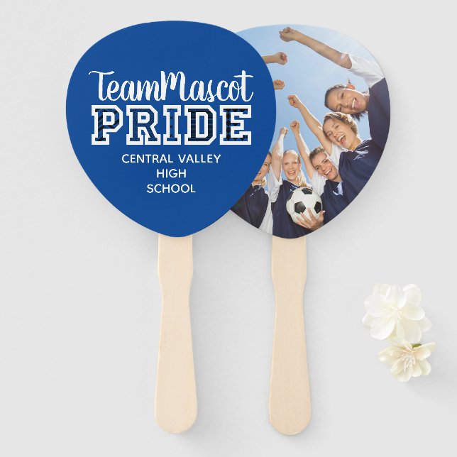 Blue School Pride Mascot Name Hand Fan (Front and Back)
