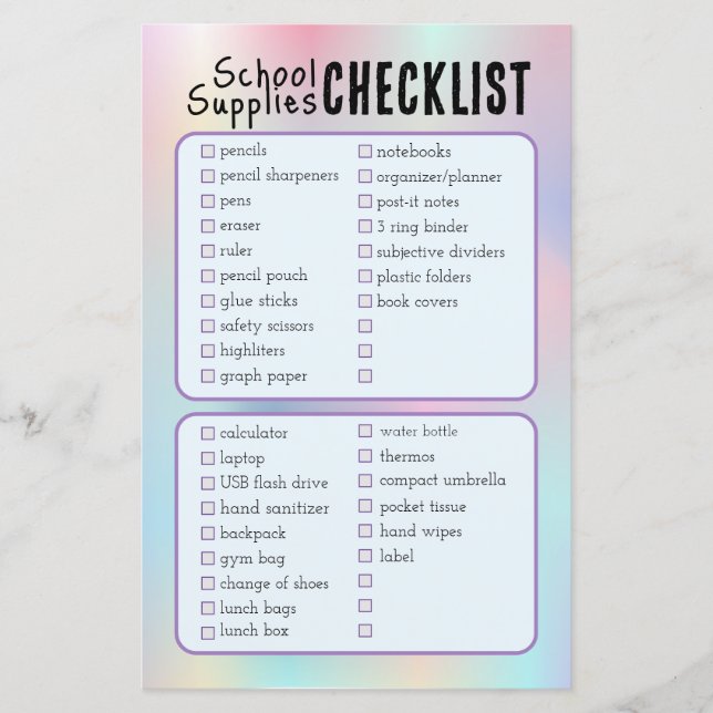 blue school supplies checklist  (Front)