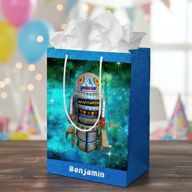 Blue sci fi retro toy robot galaxy custom name medium gift bag (Creator Uploaded)
