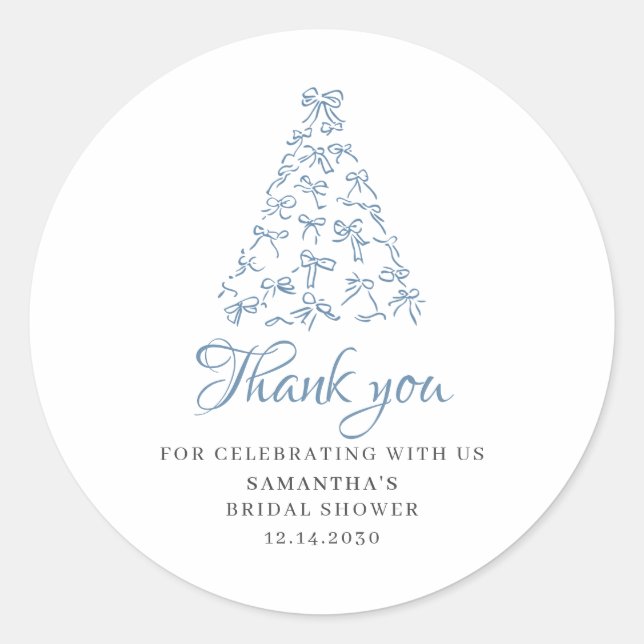 Blue Scribble Bow Christmas Tree Bridal Shower  Classic Round Sticker (Front)