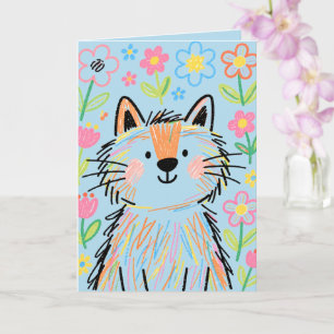 Blue Scribble Cat Greetings Card
