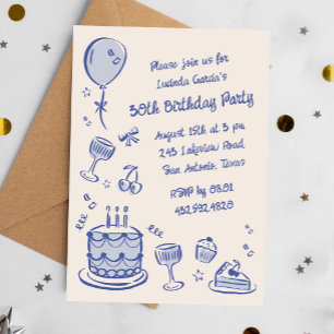 Blue Scribble Hand Drawn 30th Birthday Party Invitation
