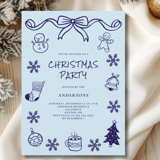 Blue Scribble Hand Drawn Christmas Party Invitation (Creator Uploaded)
