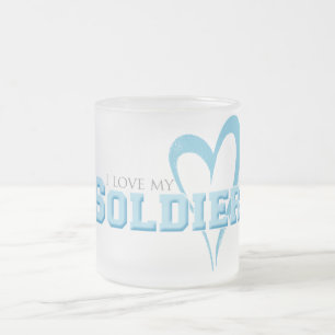 Blue Scribbled Heart - I Love My Soldier Frosted Glass Coffee Mug