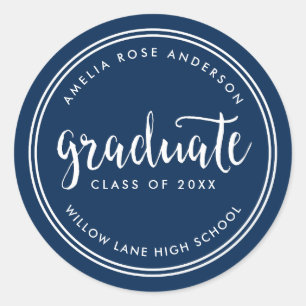 Blue Script and White Stripes Graduate Graduation Classic Round Sticker