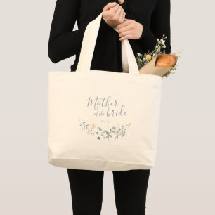Blue Script Boho Wildflower mother of the bride Large Tote Bag
