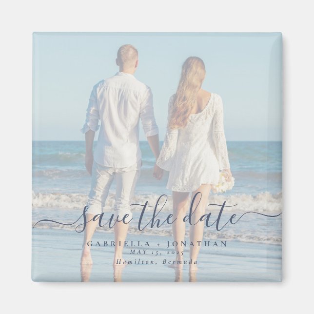 Blue Script Couple Photo Wedding Save The Date  Magnet (Front)