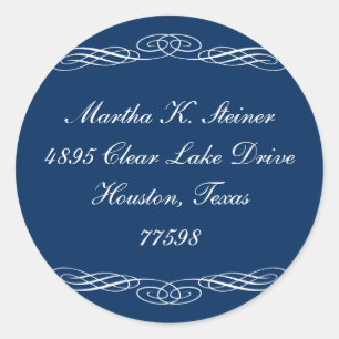 Blue script elegant scroll holiday address label