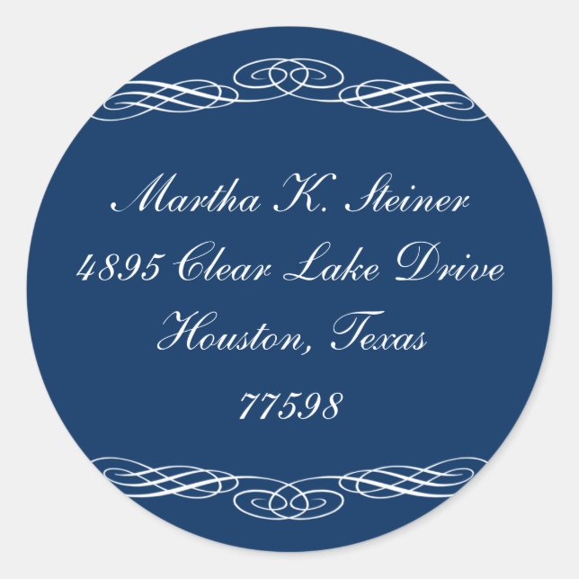 Blue script elegant scroll holiday address label (Front)