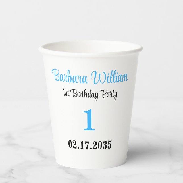 ​Blue Script First Birthday Custom Party Paper Cups (Front)