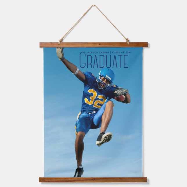Blue Script Graduate Photo Athlete Graduation Hanging Tapestry (Front)