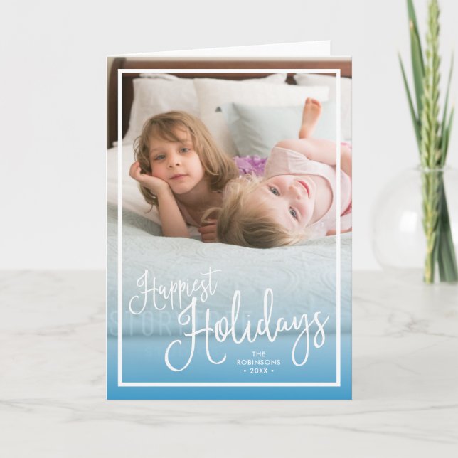 Blue Script Happiest Holidays Holiday Photo Card (Front)