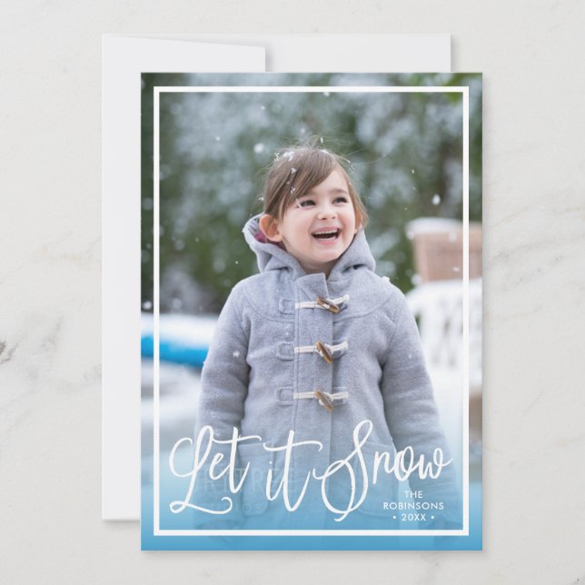 Blue Script Let it Snow Holiday Photo Card (Front)