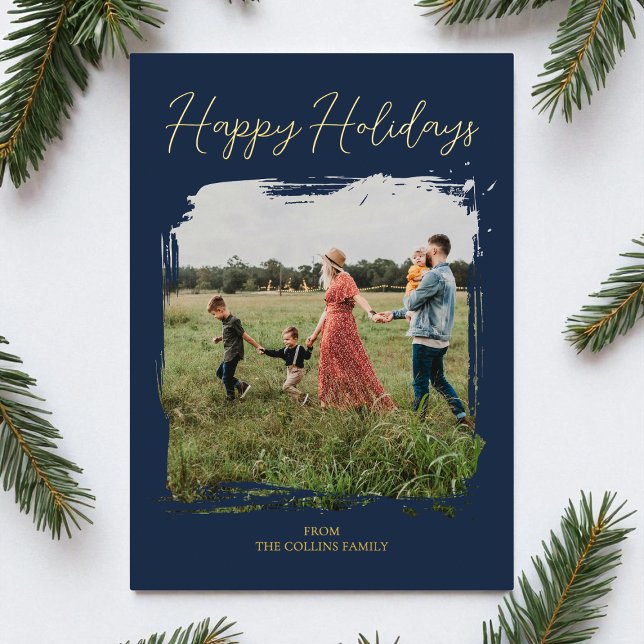 Blue Script Modern Minimal Photo Happy Holidays (Blue Script Modern Minimal Photo Happy Holidays Foil Holiday Card)