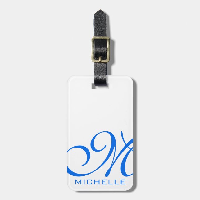 Blue Script Monogrammed White Luggage Tag (Front Vertical)
