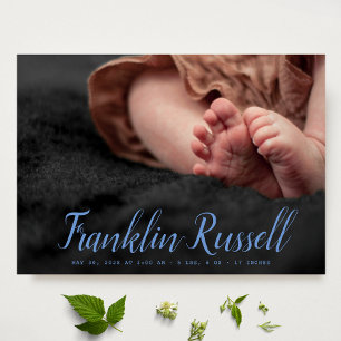 blue SCRIPT Name boy Baby Birth Announcement