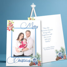 Blue Script on White & Berries Christmas Greeting
