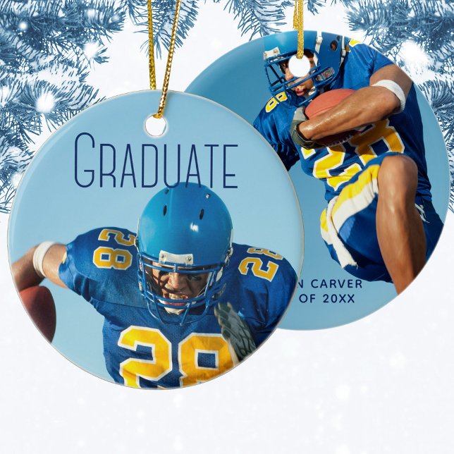 Blue Script Overlay Graduate 2 Photo Personalised Ceramic Tree Decoration (Creator Uploaded)