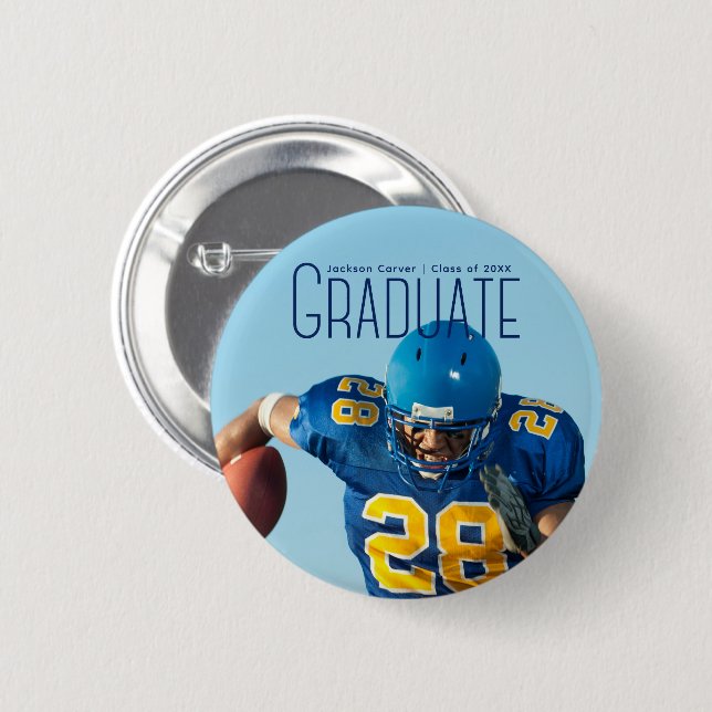 Blue Script Overlay Graduate Photo Football Player 6 Cm Round Badge (Front & Back)