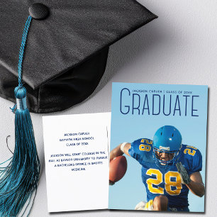 Blue Script Overlay Graduate Photo Football Player Postcard