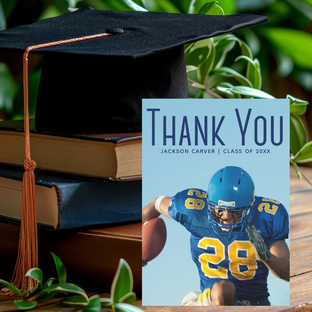 Blue Script Overlay Graduate Photo Football Player Thank You Card (Creator Uploaded)