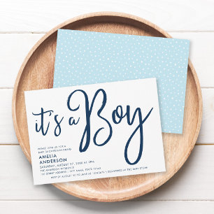 Blue Script & Pastel Blue It's a Boy Baby Shower Invitation