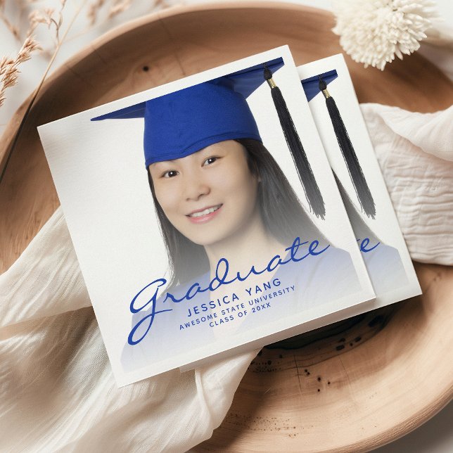 Blue Script Photo Graduation Party Napkin (Creator Uploaded)
