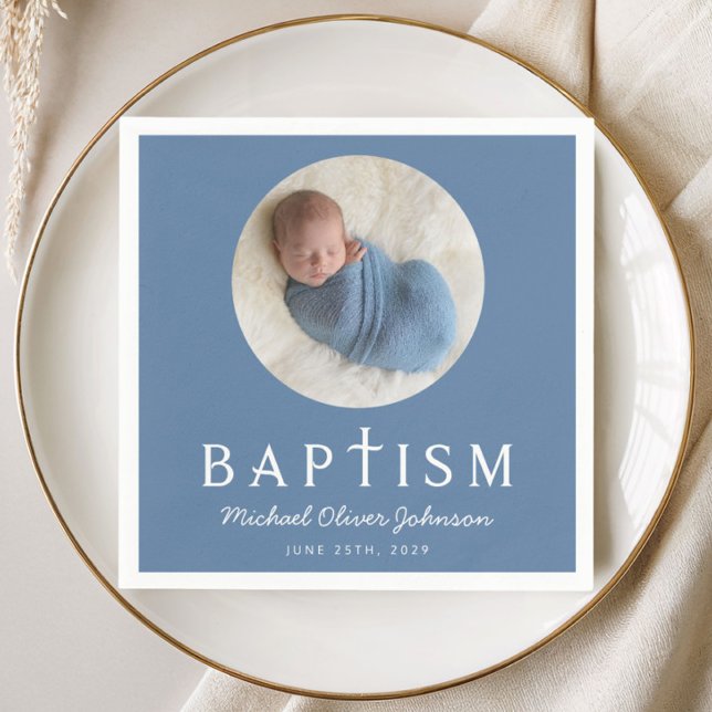 Blue Script Religious Cross Baptism Photo Napkin (Blue Script Religious Cross Baptism Photo Napkins)